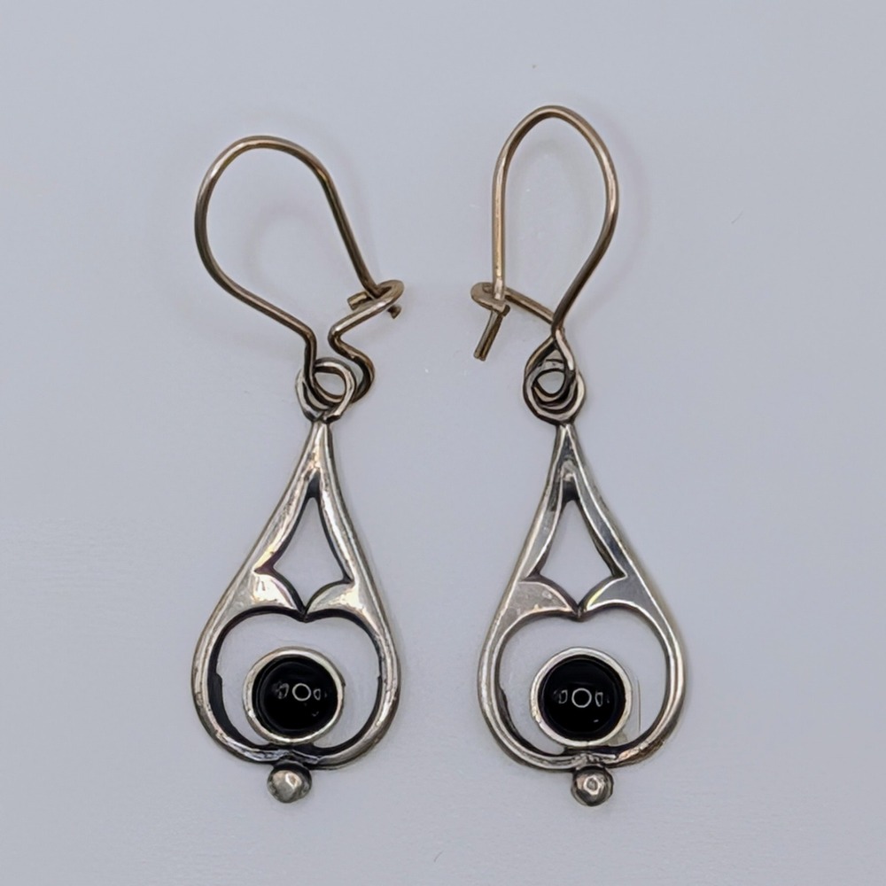 Sterling Silver 925 Black Cabochon Open Teardrop Dangle‎ Earrings